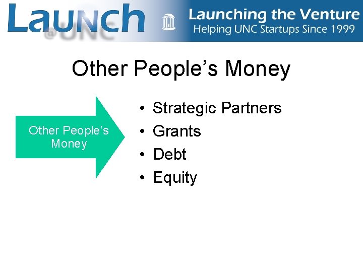 Other People’s Money • • Strategic Partners Grants Debt Equity 