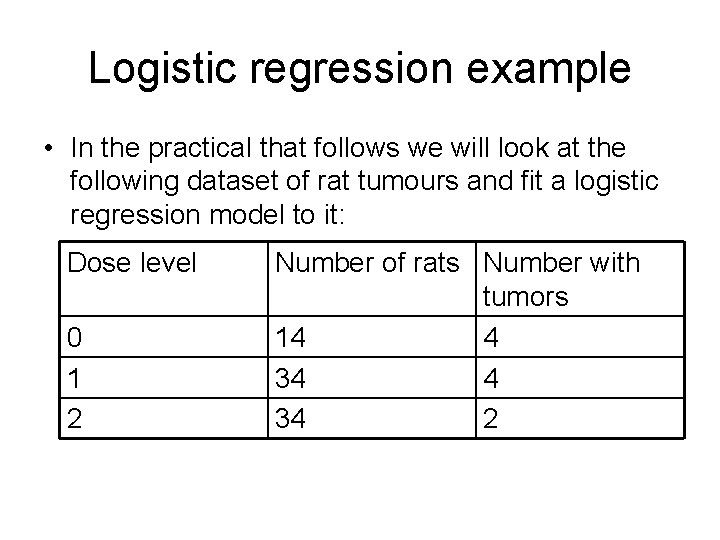 Logistic regression example • In the practical that follows we will look at the