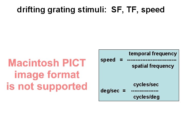 drifting grating stimuli: SF, TF, speed temporal frequency speed = --------------spatial frequency deg/sec =