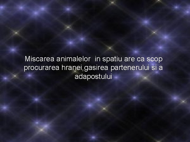 Miscarea animalelor in spatiu are ca scop procurarea hranei, gasirea partenerului si a adapostului Miscarea animalelor in spatiu are ca scop procurarea hranei, gasirea partenerului si a adapostului