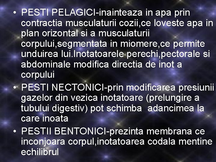 • PESTI PELAGICI-inainteaza in apa prin contractia musculaturii cozii, ce loveste apa in • PESTI PELAGICI-inainteaza in apa prin contractia musculaturii cozii, ce loveste apa in