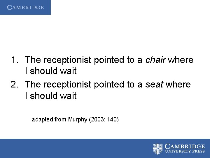 1. The receptionist pointed to a chair where I should wait 2. The receptionist