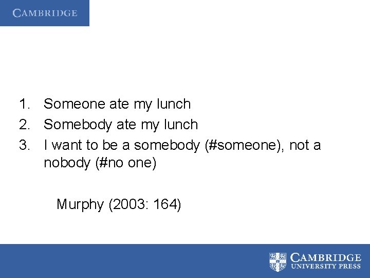 1. Someone ate my lunch 2. Somebody ate my lunch 3. I want to