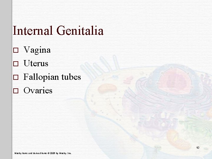 Internal Genitalia o o Vagina Uterus Fallopian tubes Ovaries 10 Mosby items and derived