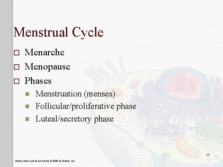 Menstrual Cycle o o o Menarche Menopause Phases n n n Menstruation (menses) Follicular/proliferative