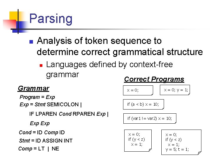 Parsing n Analysis of token sequence to determine correct grammatical structure n Languages defined