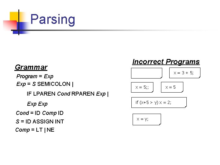Parsing Grammar Program = Exp = S SEMICOLON | Incorrect Programs x = 3
