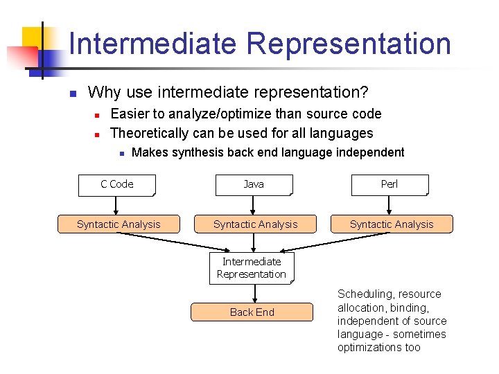 Intermediate Representation n Why use intermediate representation? n n Easier to analyze/optimize than source