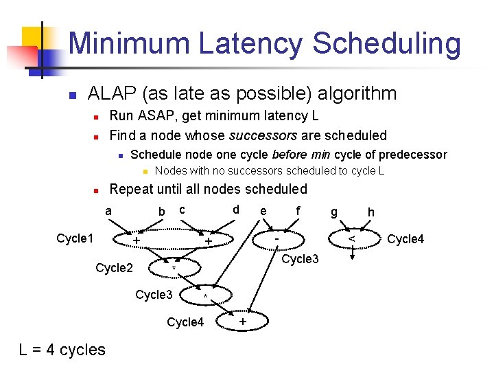 Minimum Latency Scheduling n ALAP (as late as possible) algorithm Run ASAP, get minimum