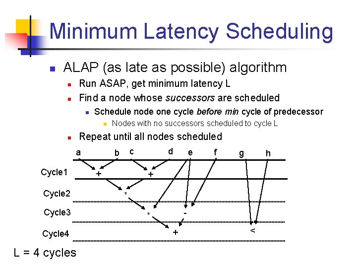 Minimum Latency Scheduling n ALAP (as late as possible) algorithm Run ASAP, get minimum
