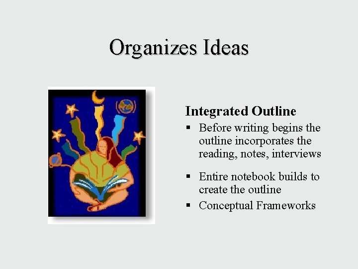 Organizes Ideas Integrated Outline § Before writing begins the outline incorporates the reading, notes,