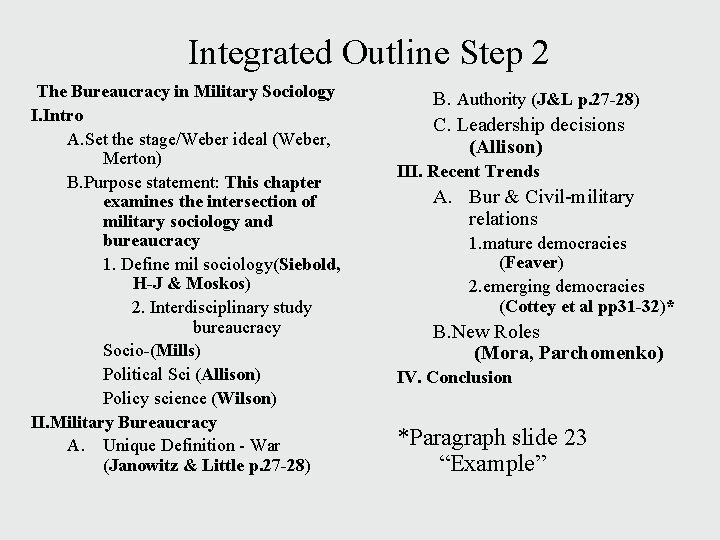 Integrated Outline Step 2 The Bureaucracy in Military Sociology I. Intro A. Set the