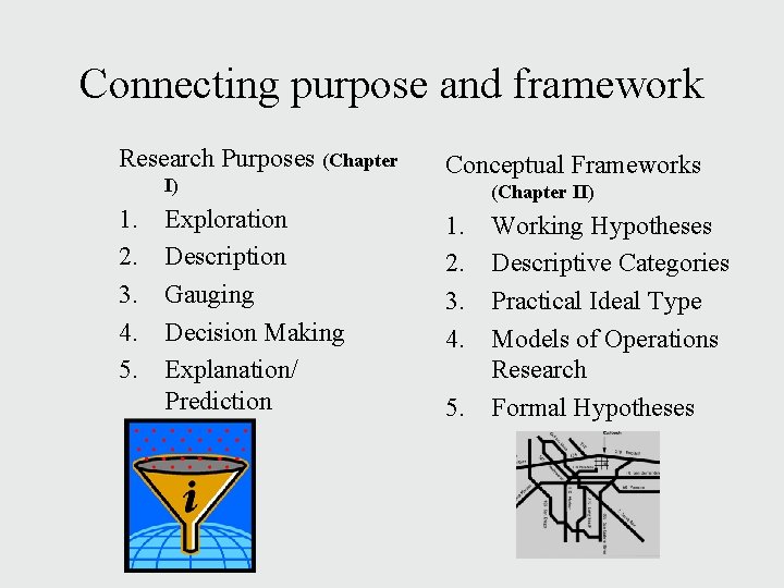 Connecting purpose and framework Research Purposes (Chapter I) 1. 2. 3. 4. 5. Exploration