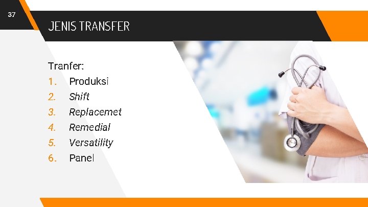 37 JENIS TRANSFER Tranfer: 1. Produksi 2. Shift 3. Replacemet 4. Remedial 5. Versatility