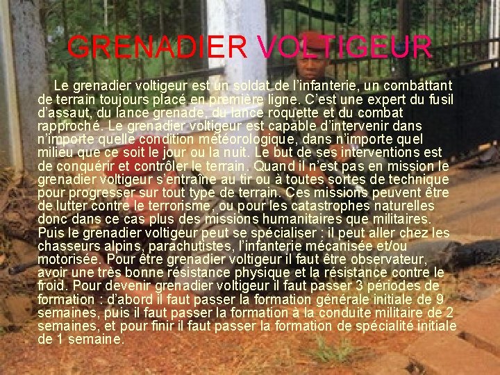 GRENADIER VOLTIGEUR Le grenadier voltigeur est un soldat de l’infanterie, un combattant de terrain