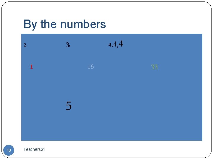 By the numbers 2 3 2 1 16 5 13 Teachers 21 4, 4,