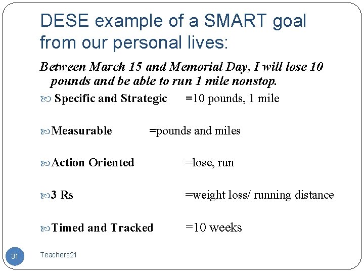 DESE example of a SMART goal from our personal lives: Between March 15 and
