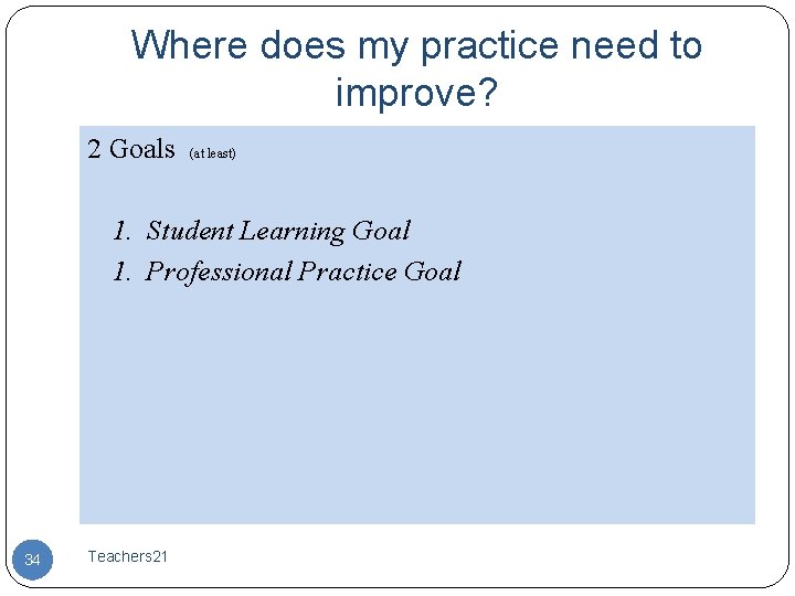 Where does my practice need to improve? 2 Goals (at least) 1. Student Learning