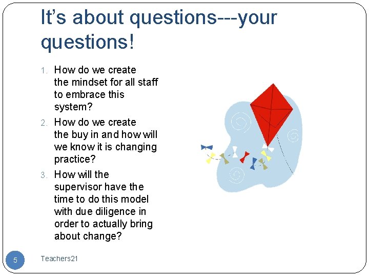 It’s about questions---your questions! 1. How do we create the mindset for all staff