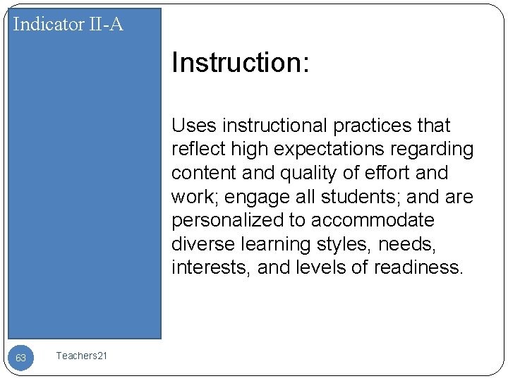 Indicator II-A Instruction: Uses instructional practices that reflect high expectations regarding content and quality
