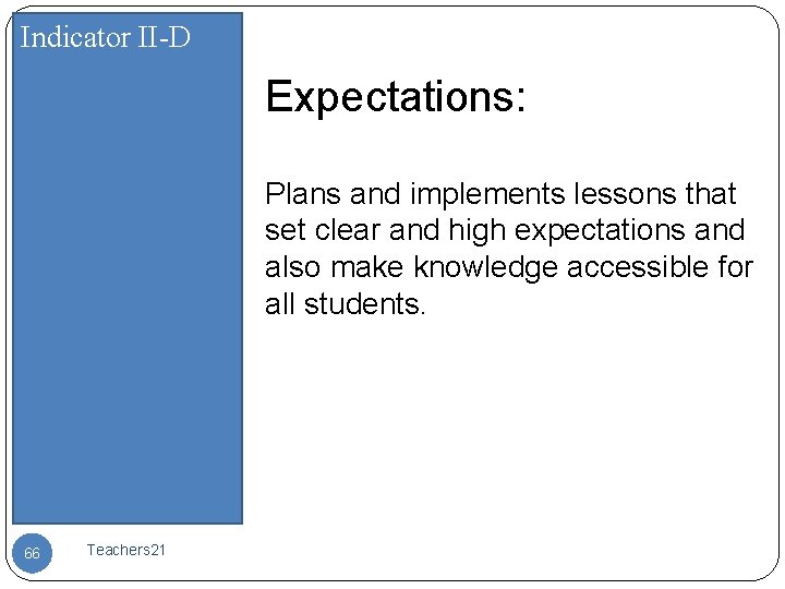 Indicator II-D Expectations: Plans and implements lessons that set clear and high expectations and