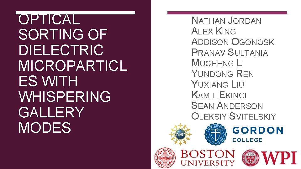 OPTICAL SORTING OF DIELECTRIC MICROPARTICL ES WITH WHISPERING GALLERY MODES NATHAN JORDAN ALEX KING