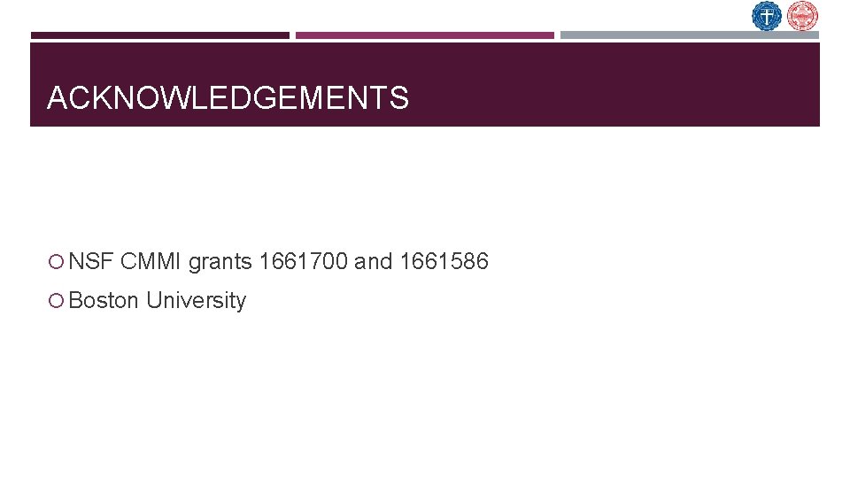 ACKNOWLEDGEMENTS NSF CMMI grants 1661700 and 1661586 Boston University 