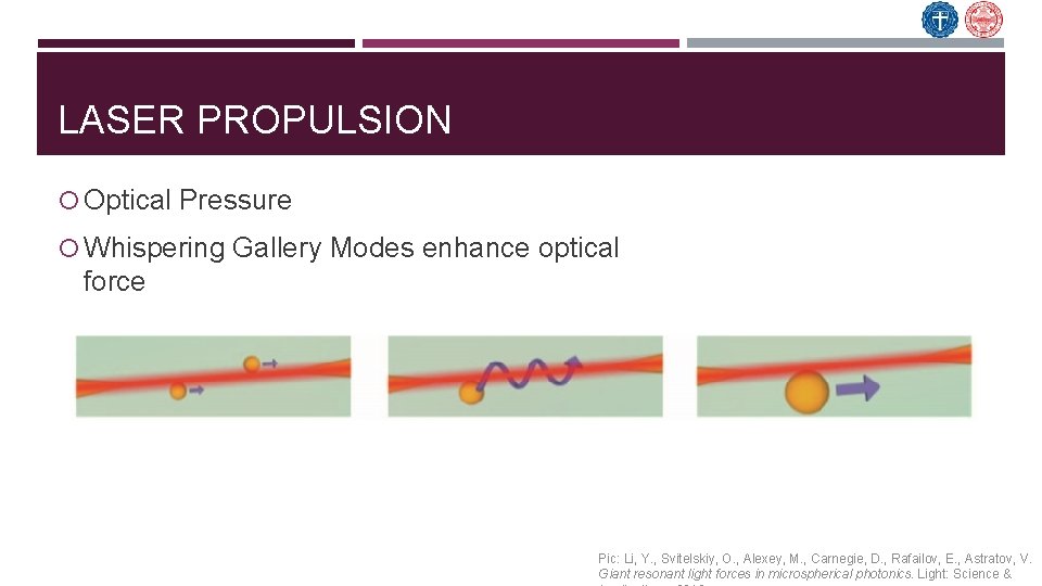 LASER PROPULSION Optical Pressure Whispering Gallery Modes enhance optical force Pic: Li, Y. ,