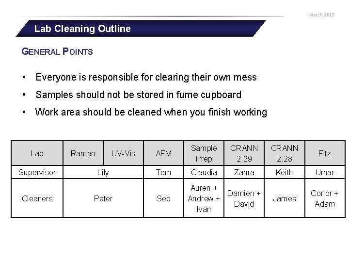 March 2015 Lab Cleaning Outline GENERAL POINTS • Everyone is responsible for clearing their