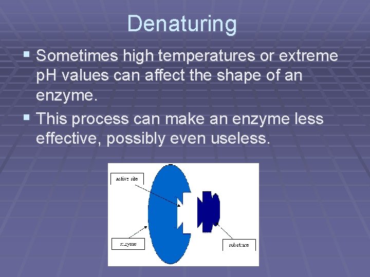 Denaturing § Sometimes high temperatures or extreme p. H values can affect the shape