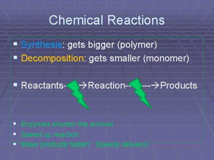 Chemical Reactions § Synthesis: gets bigger (polymer) § Decomposition: gets smaller (monomer) § Reactants---_