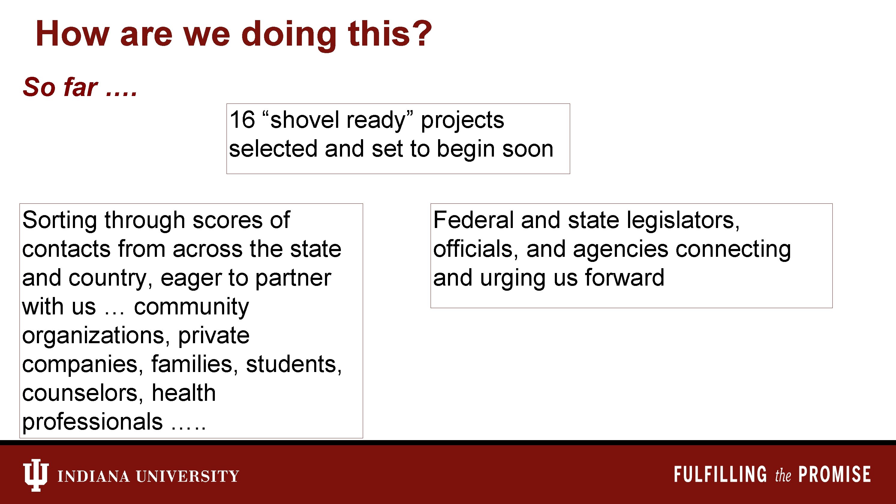 How are we doing this? So far …. 16 “shovel ready” projects selected and