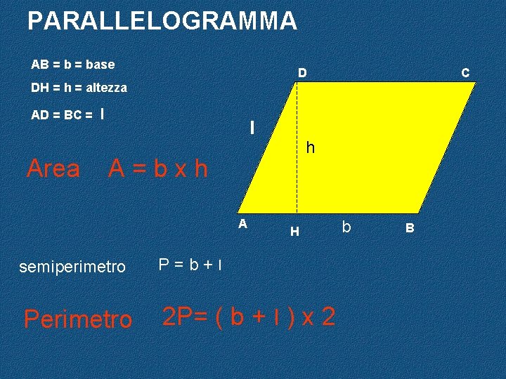 PARALLELOGRAMMA AB = base D C DH = h = altezza AD = BC