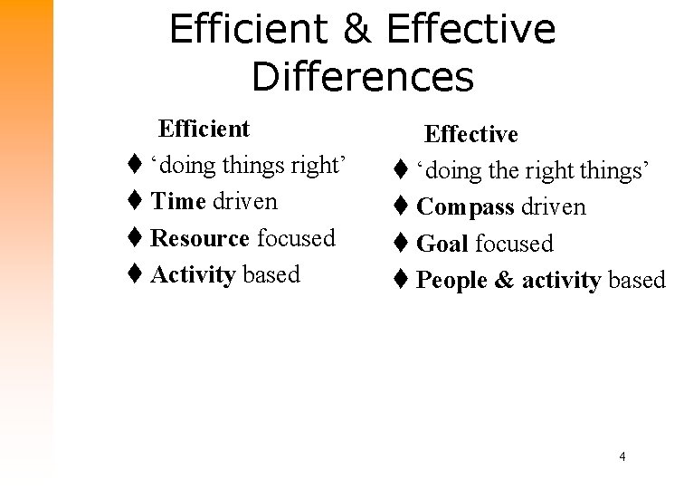 Efficient & Effective Differences Efficient t ‘doing things right’ t Time driven t Resource