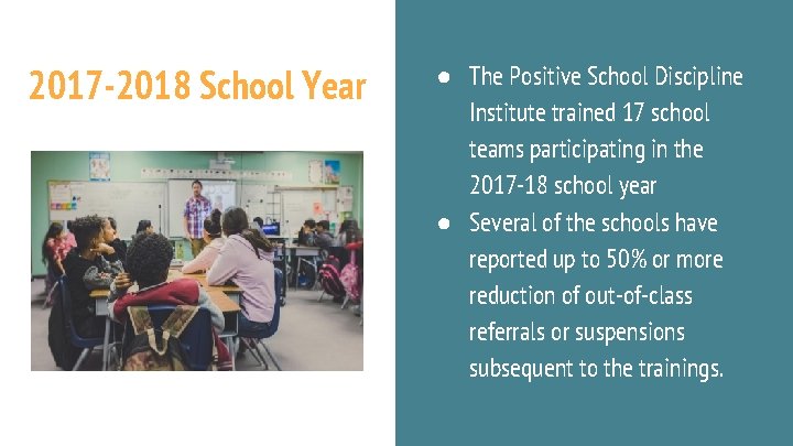 2017 -2018 School Year ● The Positive School Discipline Institute trained 17 school teams 2017 -2018 School Year ● The Positive School Discipline Institute trained 17 school teams