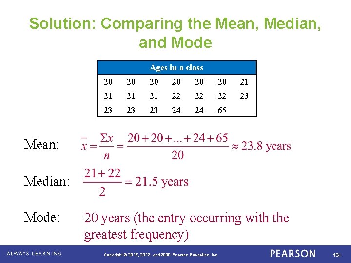 Solution: Comparing the Mean, Median, and Mode Ages in a class 20 20 20