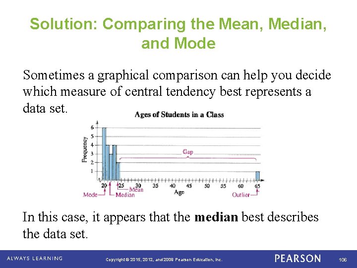 Solution: Comparing the Mean, Median, and Mode Sometimes a graphical comparison can help you