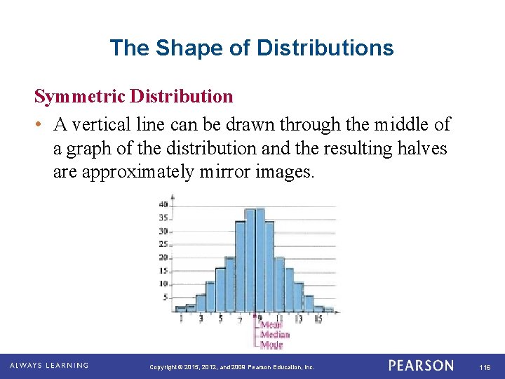 The Shape of Distributions Symmetric Distribution • A vertical line can be drawn through