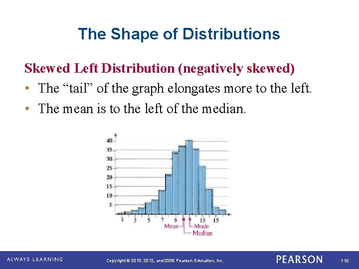 The Shape of Distributions Skewed Left Distribution (negatively skewed) • The “tail” of the