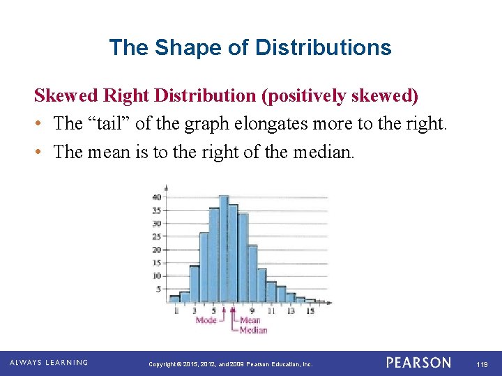 The Shape of Distributions Skewed Right Distribution (positively skewed) • The “tail” of the