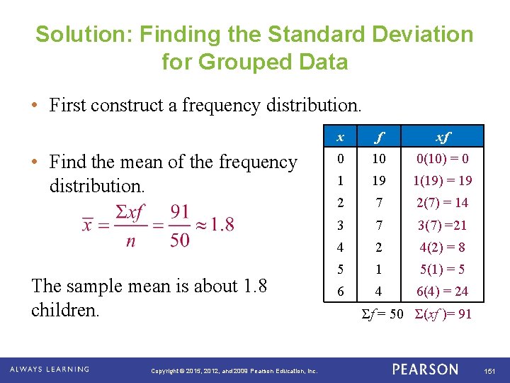 Solution: Finding the Standard Deviation for Grouped Data • First construct a frequency distribution.