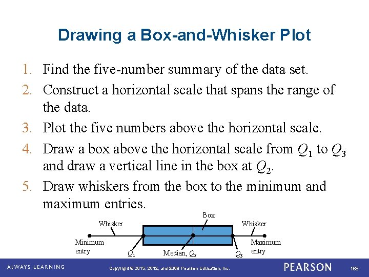 Drawing a Box-and-Whisker Plot 1. Find the five-number summary of the data set. 2.