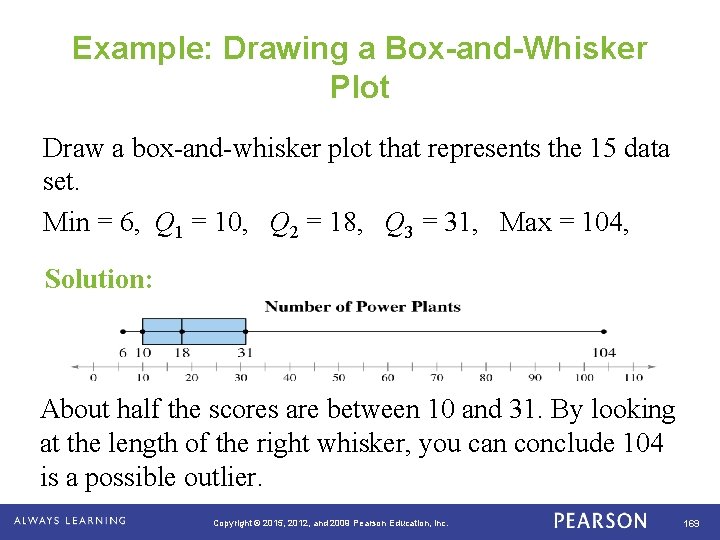 Example: Drawing a Box-and-Whisker Plot Draw a box-and-whisker plot that represents the 15 data