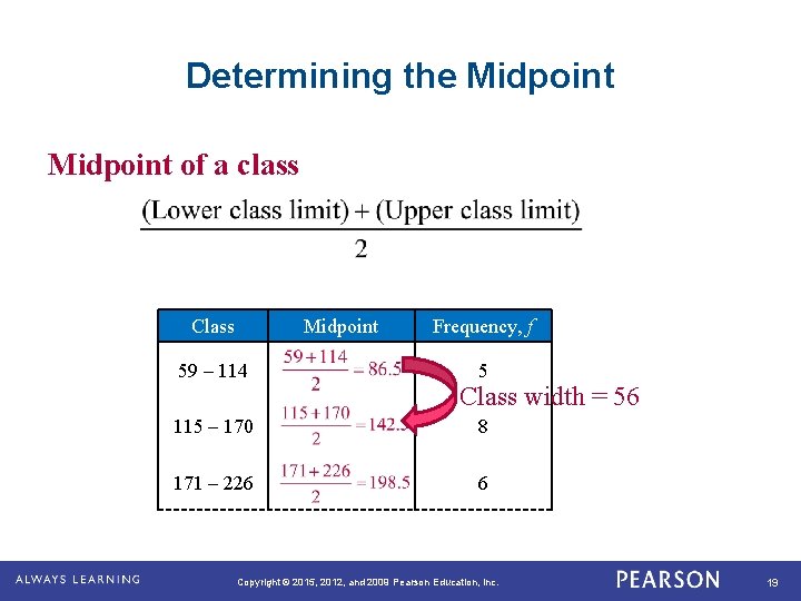 Determining the Midpoint of a class Class Midpoint 59 – 114 Frequency, f 5