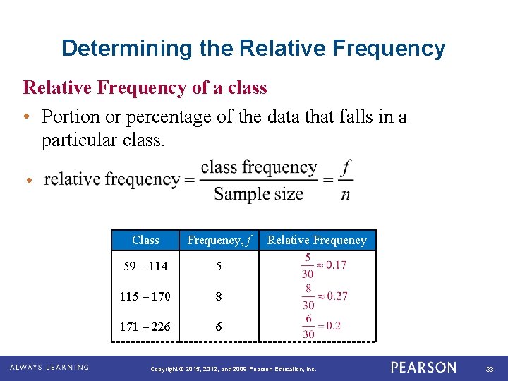 Determining the Relative Frequency of a class • Portion or percentage of the data