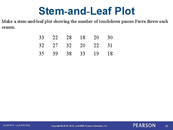 Stem-and-Leaf Plot Make a stem-and-leaf plot showing the number of touchdown passes Favre threw