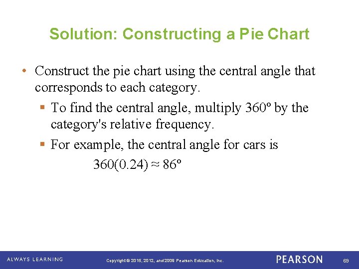 Solution: Constructing a Pie Chart • Construct the pie chart using the central angle