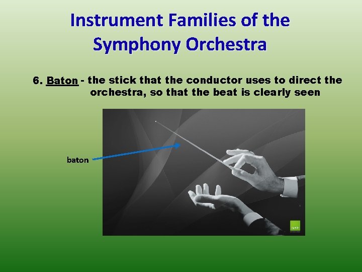 Instrument Families of the Symphony Orchestra 6. Baton - the stick that the conductor
