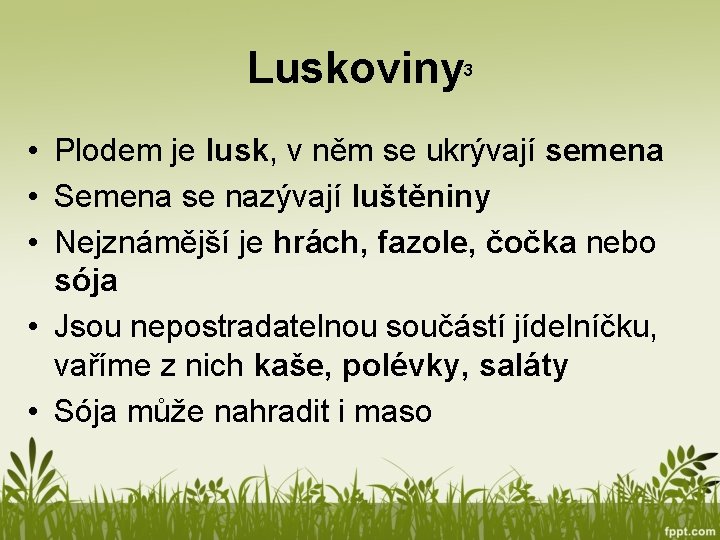 Luskoviny 3 • Plodem je lusk, v něm se ukrývají semena • Semena se