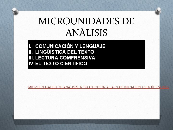 MICROUNIDADES DE ANÁLISIS I. COMUNICACIÓN Y LENGUAJE II. LINGÜÍSTICA DEL TEXTO III. LECTURA COMPRENSIVA